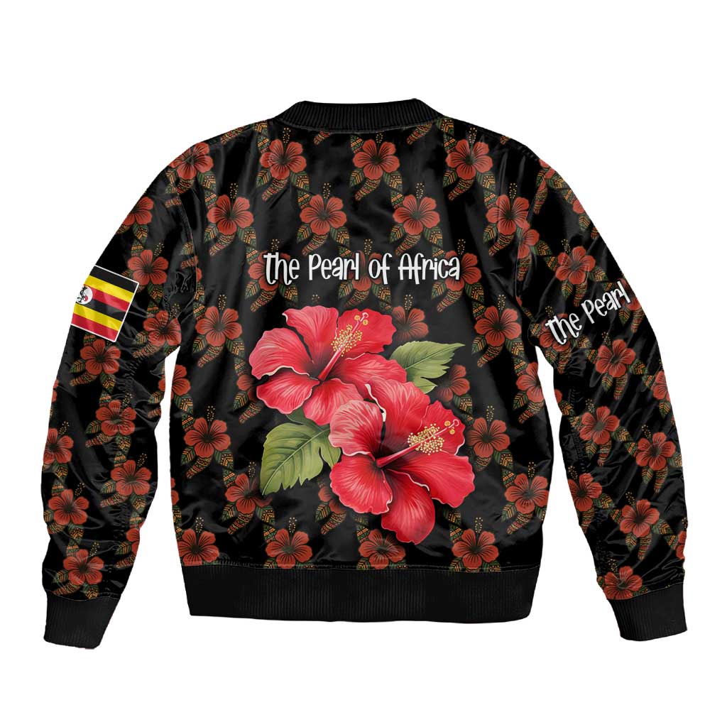 Uganda Sleeve Zip Bomber Jacket - Hibiscus Flower Pattern and The Pearl of Africa Text