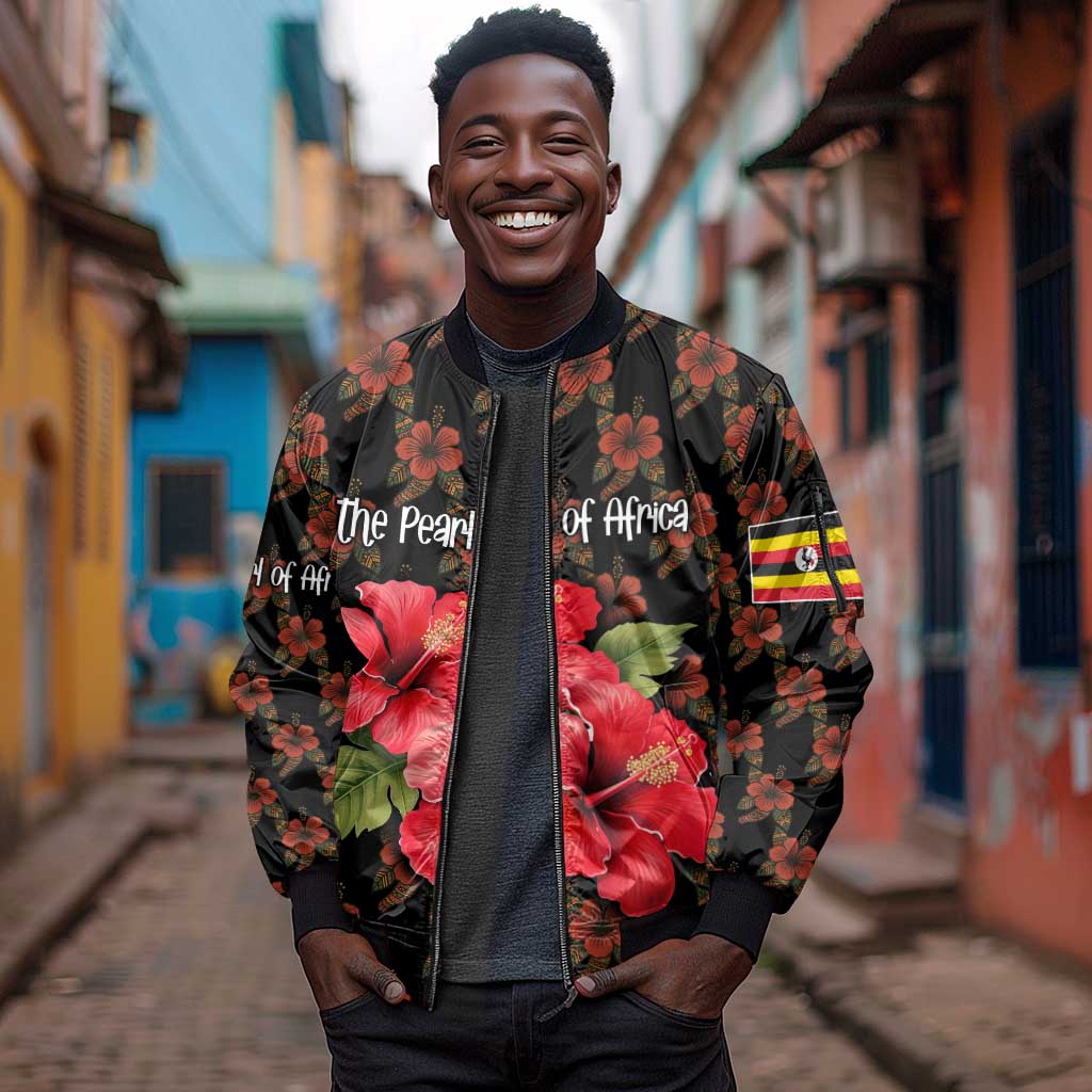 Uganda Sleeve Zip Bomber Jacket - Hibiscus Flower Pattern and The Pearl of Africa Text
