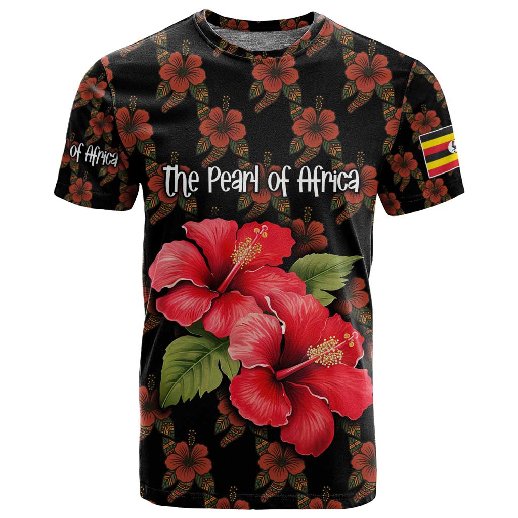 Uganda T shirt - Hibiscus Flower Pattern and The Pearl of Africa Text