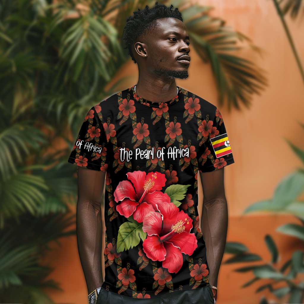 Uganda T shirt - Hibiscus Flower Pattern and The Pearl of Africa Text