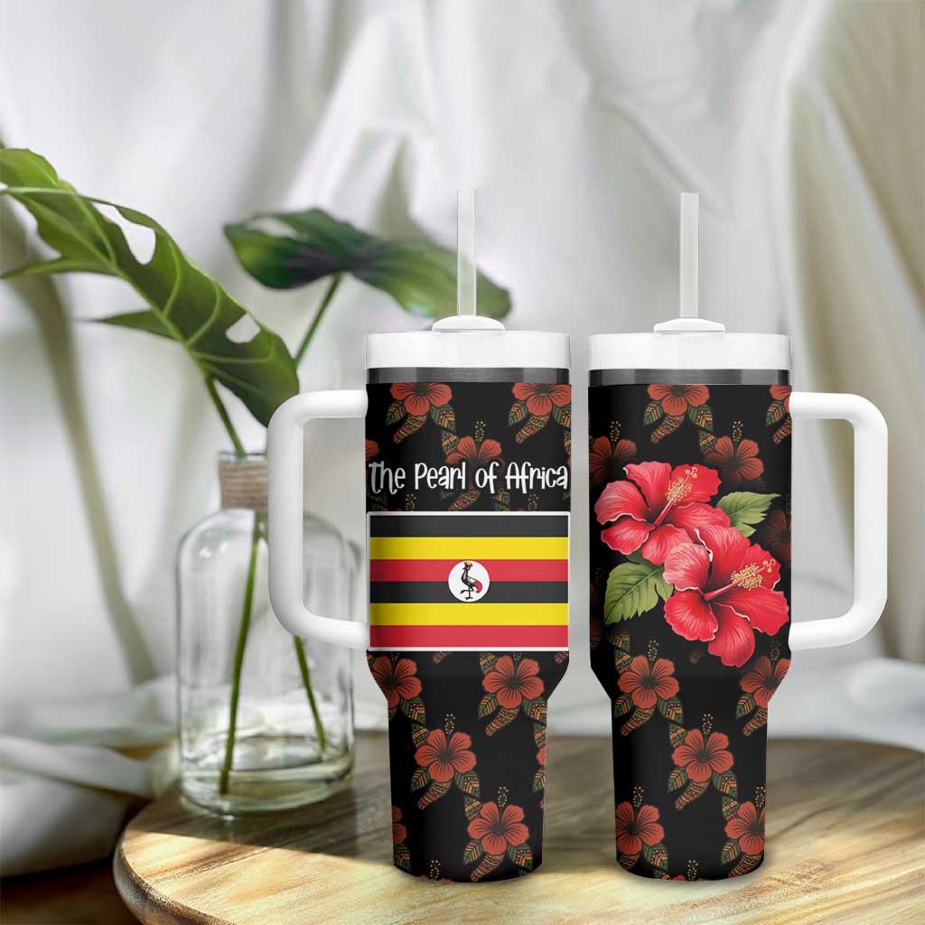Uganda Tumbler With Handle - Hibiscus Flower Pattern and The Pearl of Africa Text