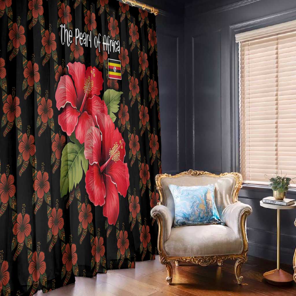 Uganda Window Curtain - Hibiscus Flower Pattern and The Pearl of Africa Text