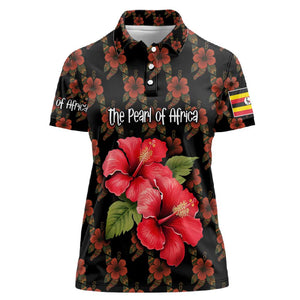 Uganda Women Polo Shirt - Hibiscus Flower Pattern and The Pearl of Africa Text