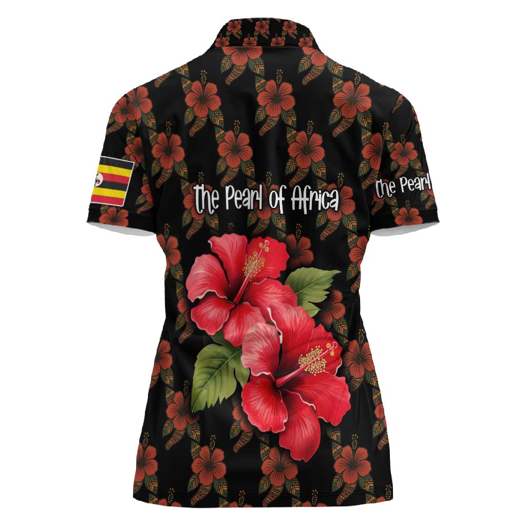 Uganda Women Polo Shirt - Hibiscus Flower Pattern and The Pearl of Africa Text