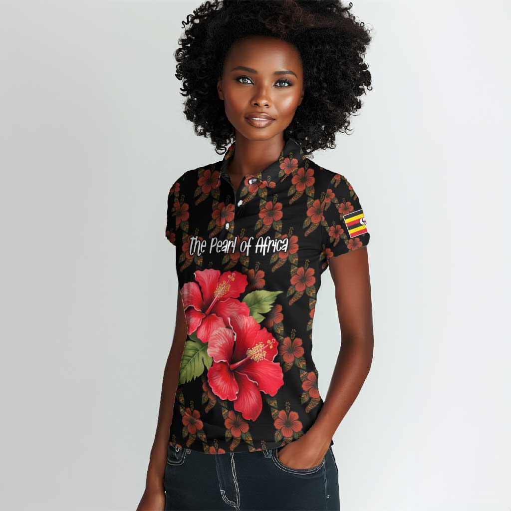 Uganda Women Polo Shirt - Hibiscus Flower Pattern and The Pearl of Africa Text