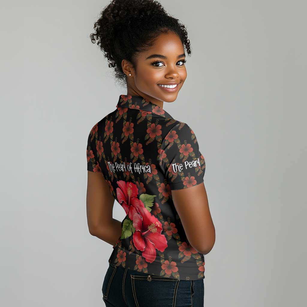 Uganda Women Polo Shirt - Hibiscus Flower Pattern and The Pearl of Africa Text