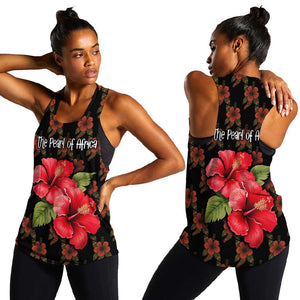 Uganda Women Racerback Tank - Hibiscus Flower Pattern and The Pearl of Africa Text