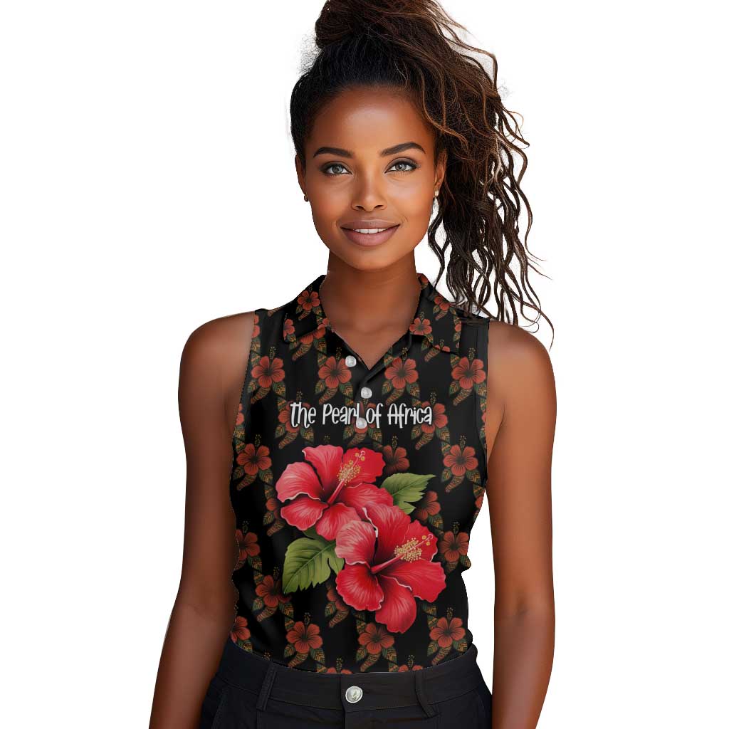Uganda Women Sleeveless Polo Shirt - Hibiscus Flower Pattern and The Pearl of Africa Text
