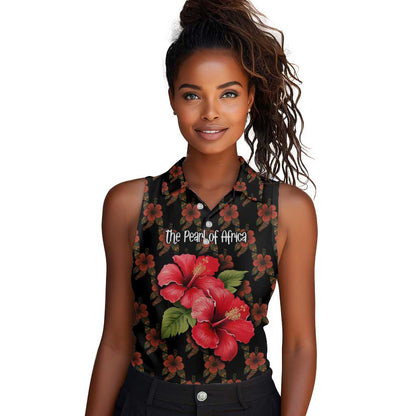 Uganda Women Sleeveless Polo Shirt - Hibiscus Flower Pattern and The Pearl of Africa Text