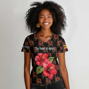 Uganda Women V-Neck T-Shirt - Hibiscus Flower Pattern and The Pearl of Africa Text