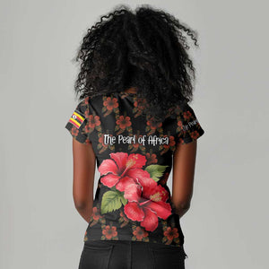 Uganda Women V-Neck T-Shirt - Hibiscus Flower Pattern and The Pearl of Africa Text