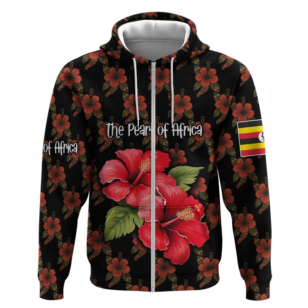 Uganda Zip Hoodie - Hibiscus Flower Pattern and The Pearl of Africa Text