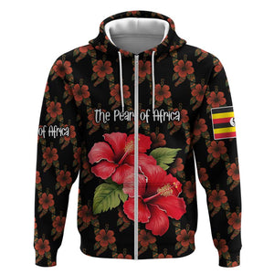 Uganda Zip Hoodie - Hibiscus Flower Pattern and The Pearl of Africa Text