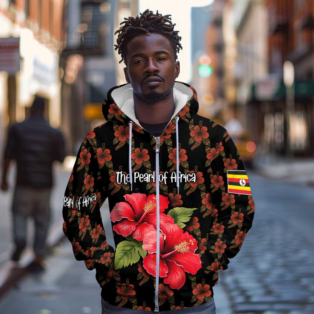 Uganda Zip Hoodie - Hibiscus Flower Pattern and The Pearl of Africa Text