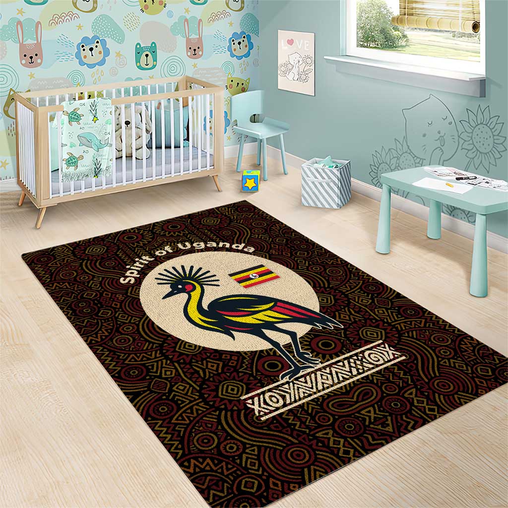 Uganda Area Rug - Grey Crowned Crane and Tribal Pattern Spirit of Uganda Theme