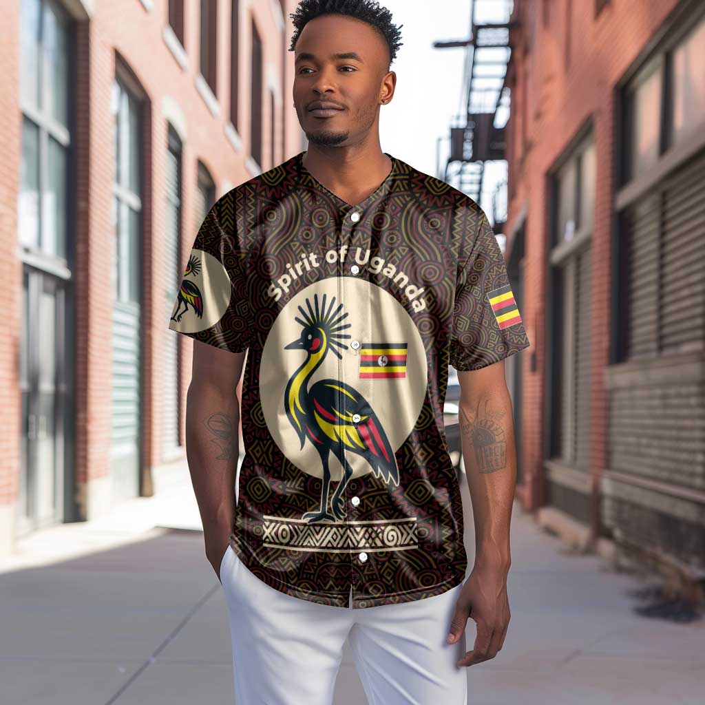Uganda Baseball Jersey - Grey Crowned Crane and Tribal Pattern Spirit of Uganda Theme