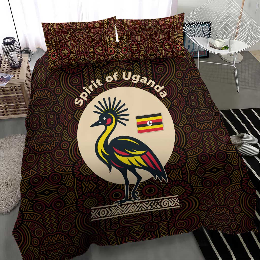 Uganda Bedding Set - Grey Crowned Crane and Tribal Pattern Spirit of Uganda Theme