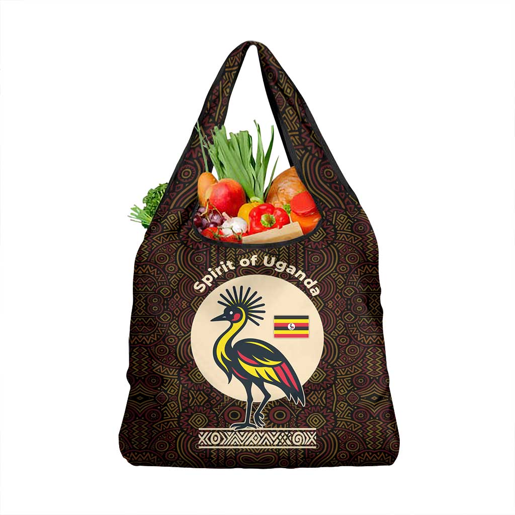 Uganda Grocery Bag - Grey Crowned Crane and Tribal Pattern Spirit of Uganda Theme