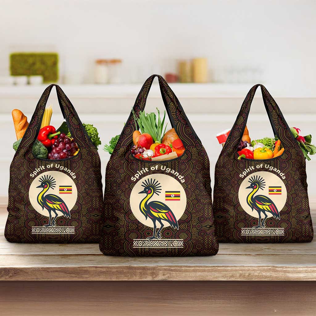 Uganda Grocery Bag - Grey Crowned Crane and Tribal Pattern Spirit of Uganda Theme