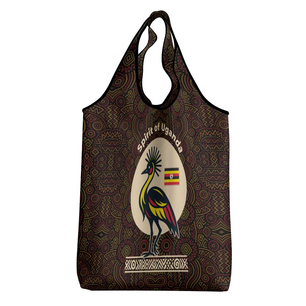 Uganda Grocery Bag - Grey Crowned Crane and Tribal Pattern Spirit of Uganda Theme