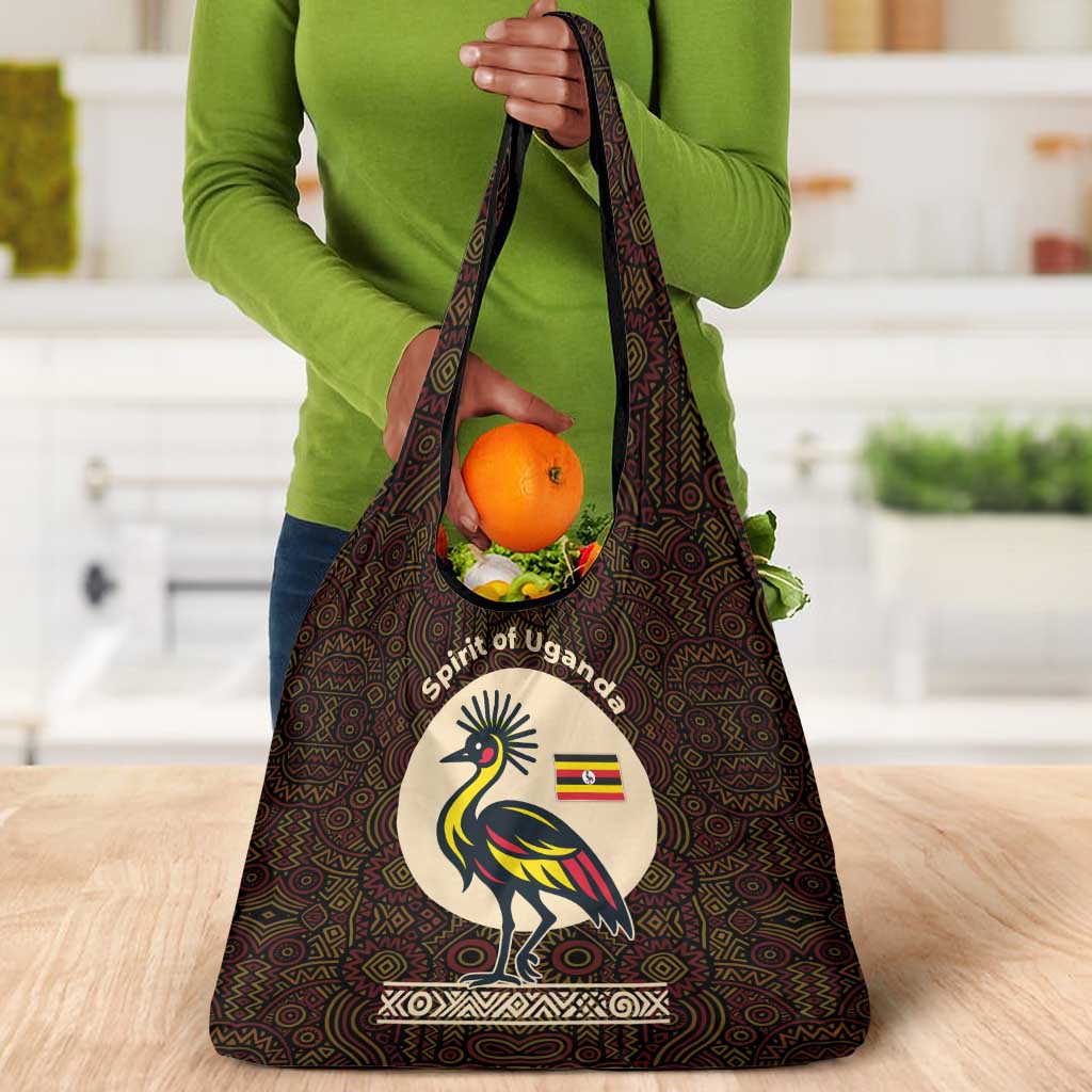 Uganda Grocery Bag - Grey Crowned Crane and Tribal Pattern Spirit of Uganda Theme