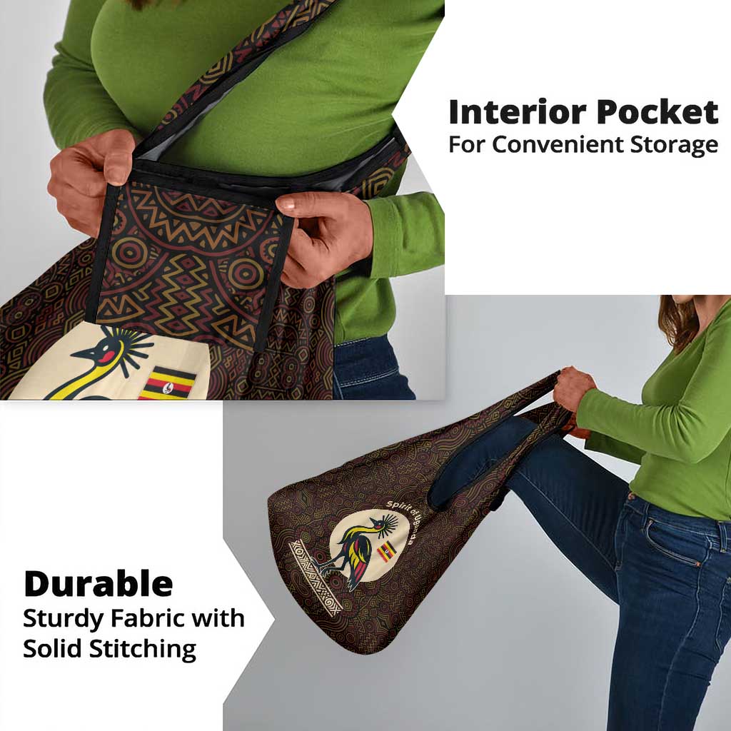 Uganda Grocery Bag - Grey Crowned Crane and Tribal Pattern Spirit of Uganda Theme