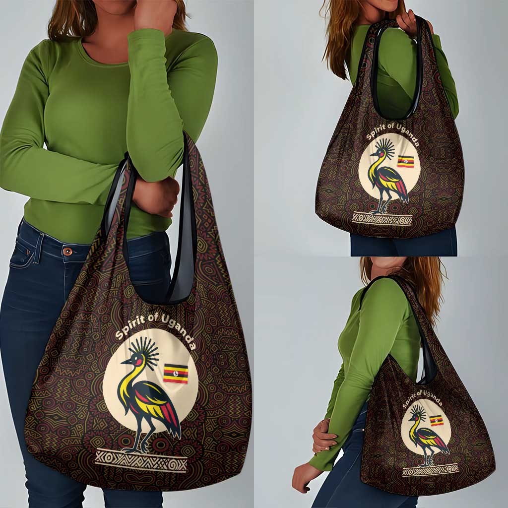 Uganda Grocery Bag - Grey Crowned Crane and Tribal Pattern Spirit of Uganda Theme