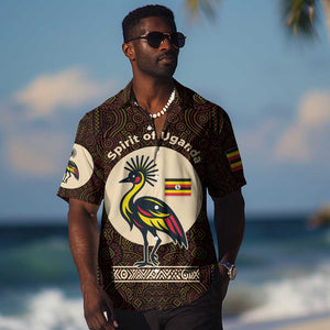 Uganda Hawaiian Shirt - Grey Crowned Crane and Tribal Pattern Spirit of Uganda Theme
