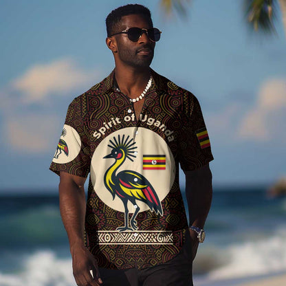 Uganda Hawaiian Shirt - Grey Crowned Crane and Tribal Pattern Spirit of Uganda Theme
