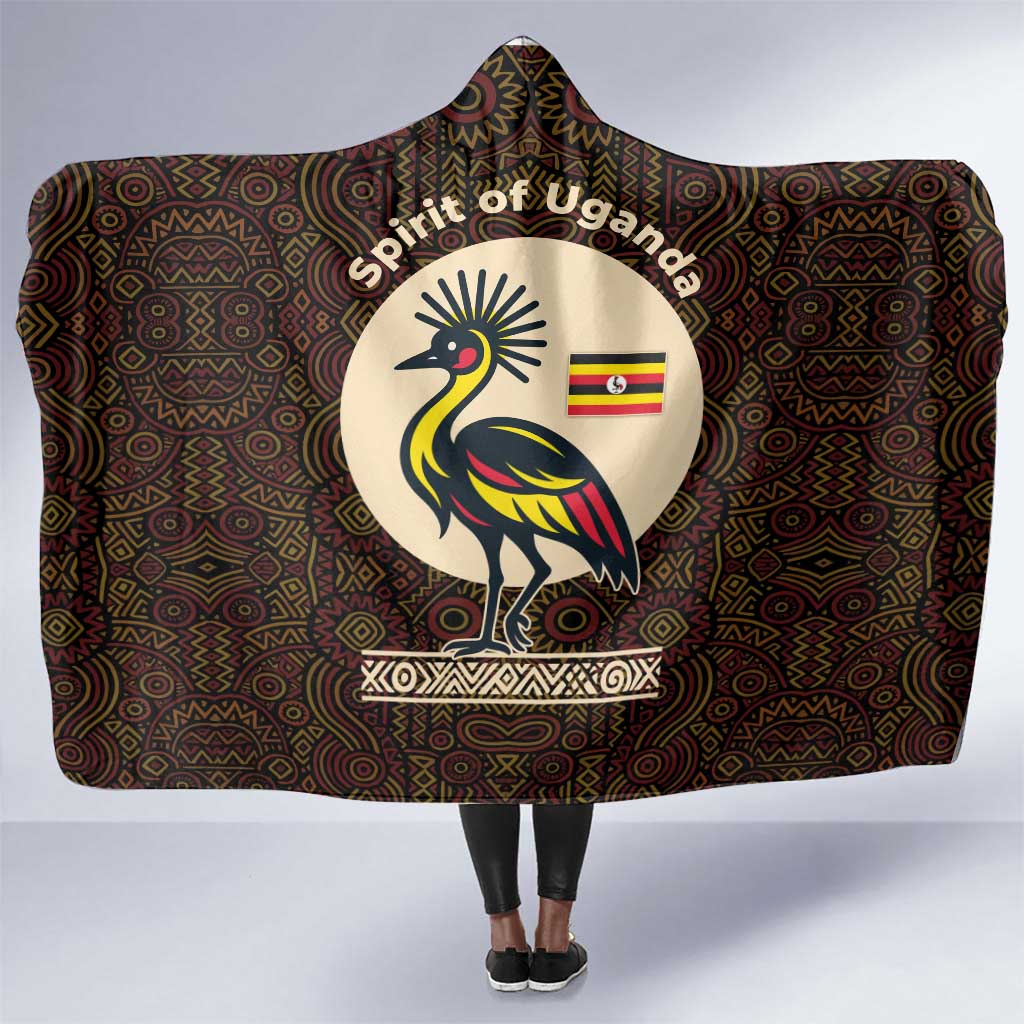 Uganda Hooded Blanket - Grey Crowned Crane and Tribal Pattern Spirit of Uganda Theme