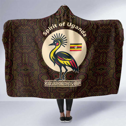 Uganda Hooded Blanket - Grey Crowned Crane and Tribal Pattern Spirit of Uganda Theme