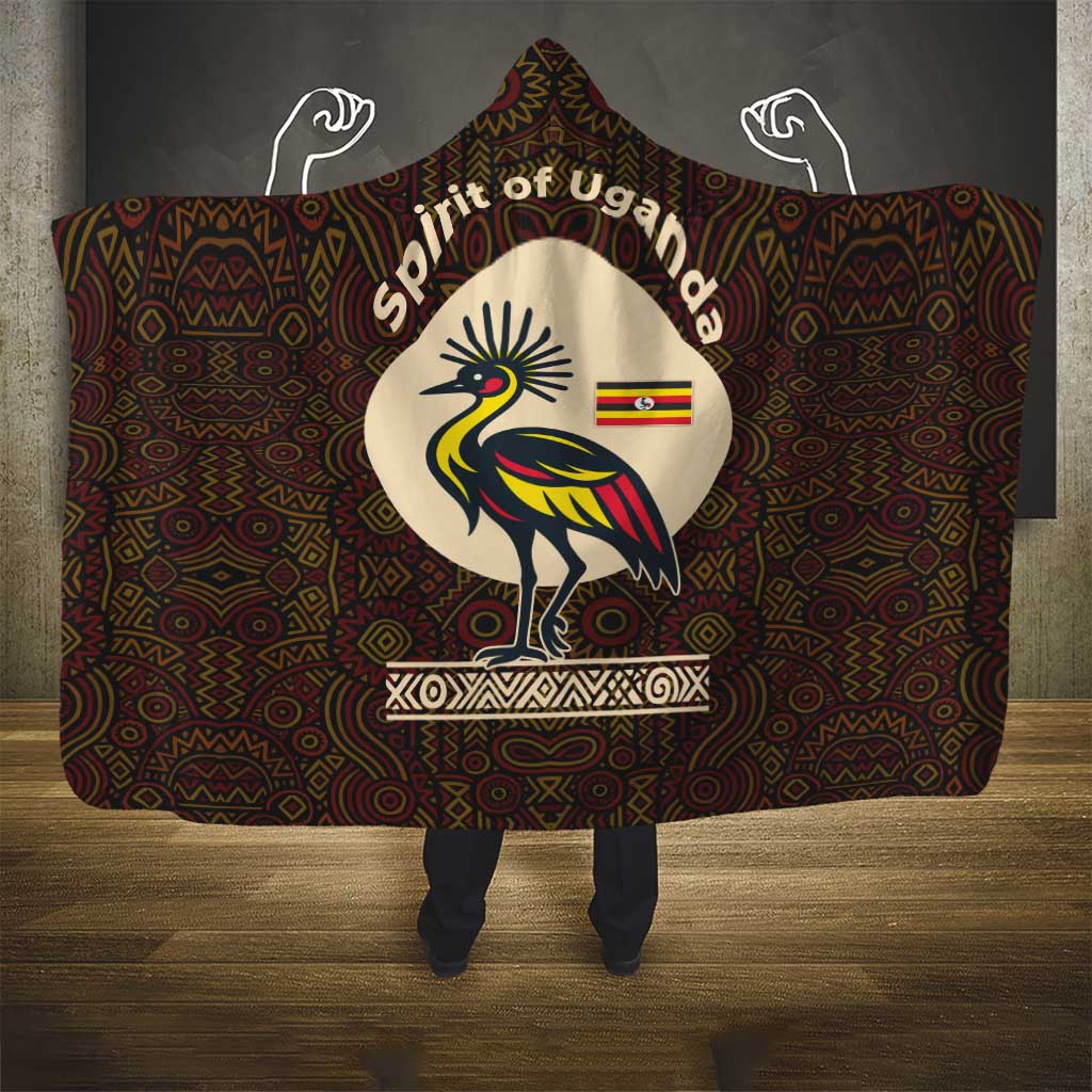 Uganda Hooded Blanket - Grey Crowned Crane and Tribal Pattern Spirit of Uganda Theme