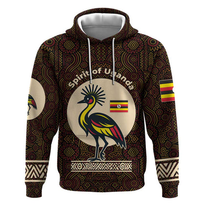 Uganda Hoodie - Grey Crowned Crane and Tribal Pattern Spirit of Uganda Theme