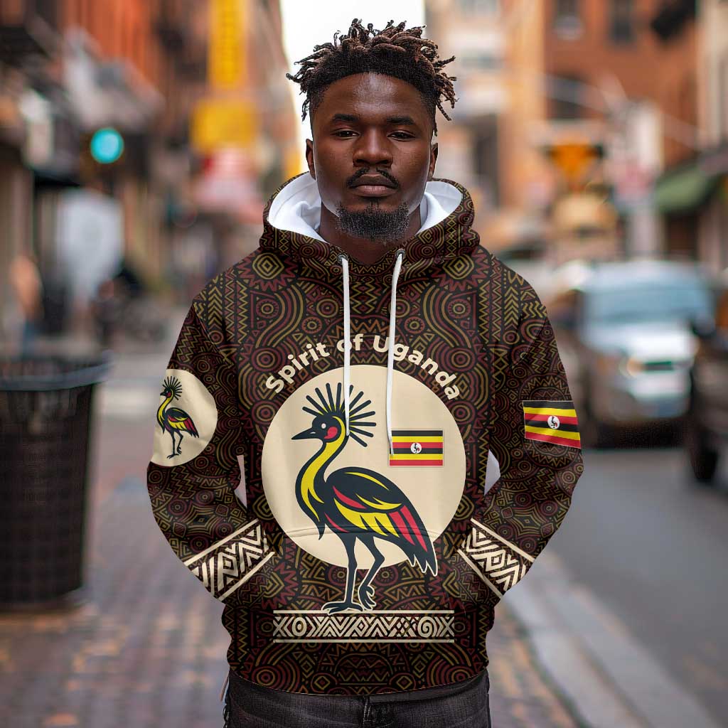 Uganda Hoodie - Grey Crowned Crane and Tribal Pattern Spirit of Uganda Theme