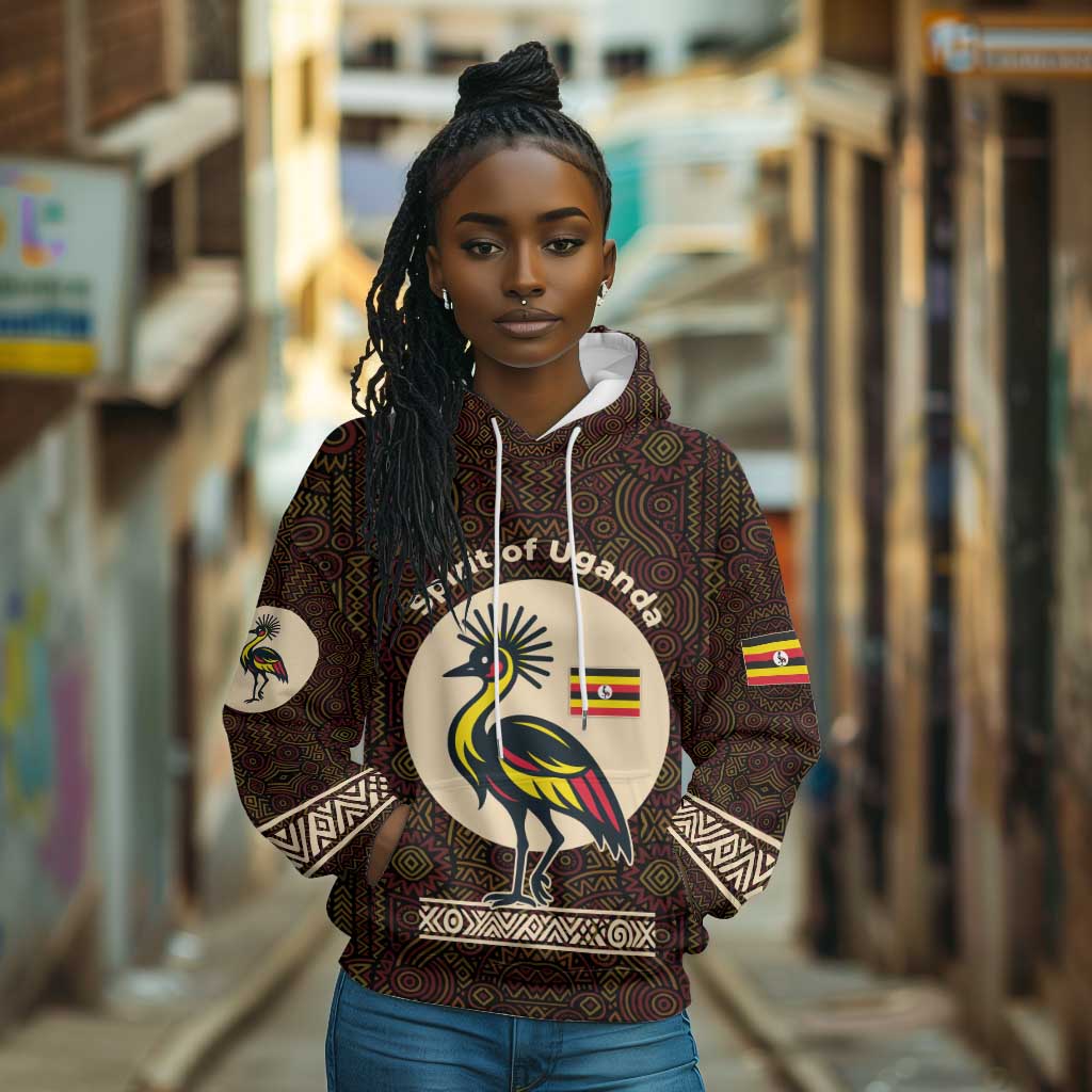 Uganda Hoodie - Grey Crowned Crane and Tribal Pattern Spirit of Uganda Theme