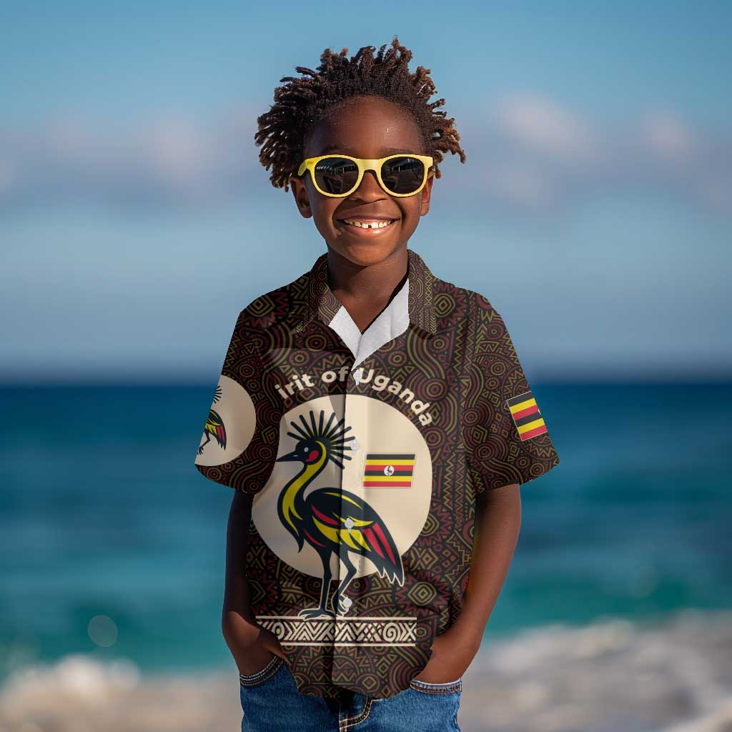 Uganda Kid Hawaiian Shirt - Grey Crowned Crane and Tribal Pattern Spirit of Uganda Theme