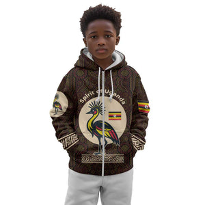 Uganda Kid Hoodie - Grey Crowned Crane and Tribal Pattern Spirit of Uganda Theme