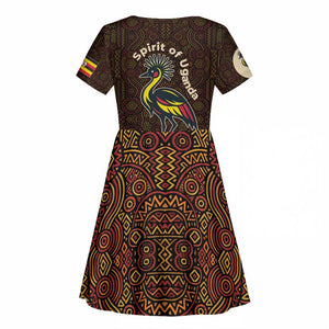 Uganda Kid Short Sleeve Dress - Grey Crowned Crane and Tribal Pattern Spirit of Uganda Theme