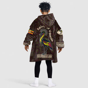 Uganda Kid Wearable Blanket Hoodie - Grey Crowned Crane and Tribal Pattern Spirit of Uganda Theme