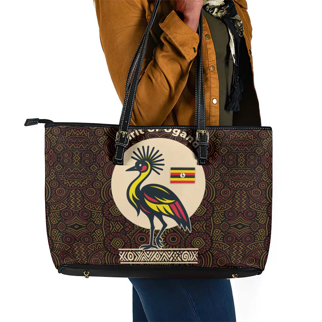 Uganda Leather Tote Bag - Grey Crowned Crane and Tribal Pattern Spirit of Uganda Theme