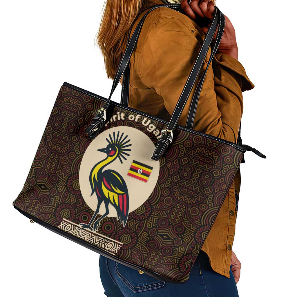 Uganda Leather Tote Bag - Grey Crowned Crane and Tribal Pattern Spirit of Uganda Theme