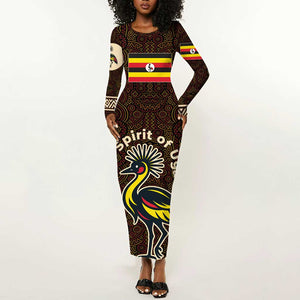 Uganda Long Sleeve Bodycon Dress - Grey Crowned Crane and Tribal Pattern Spirit of Uganda Theme TS04