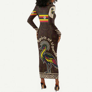 Uganda Long Sleeve Bodycon Dress - Grey Crowned Crane and Tribal Pattern Spirit of Uganda Theme TS04