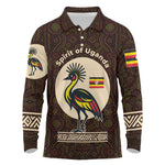 Uganda Long Sleeve Polo Shirt - Grey Crowned Crane and Tribal Pattern Spirit of Uganda Theme