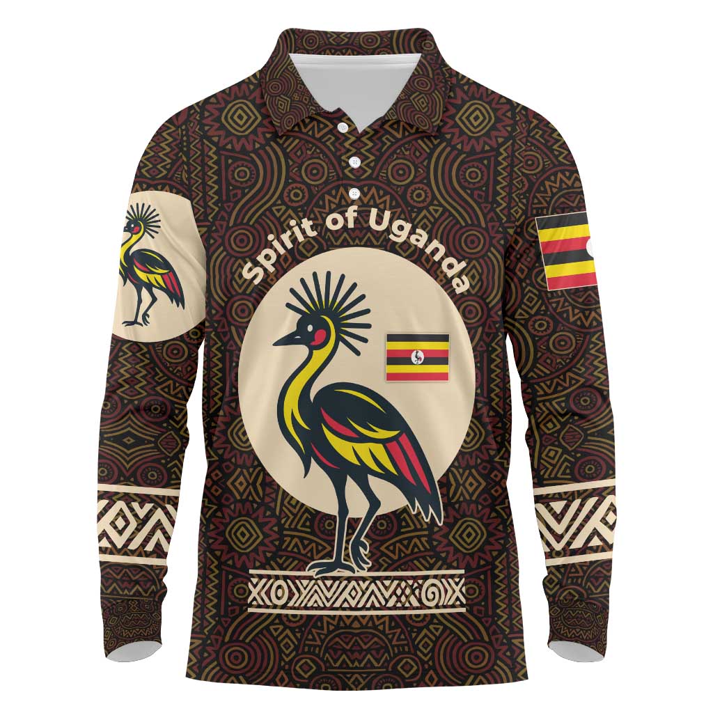 Uganda Long Sleeve Polo Shirt - Grey Crowned Crane and Tribal Pattern Spirit of Uganda Theme