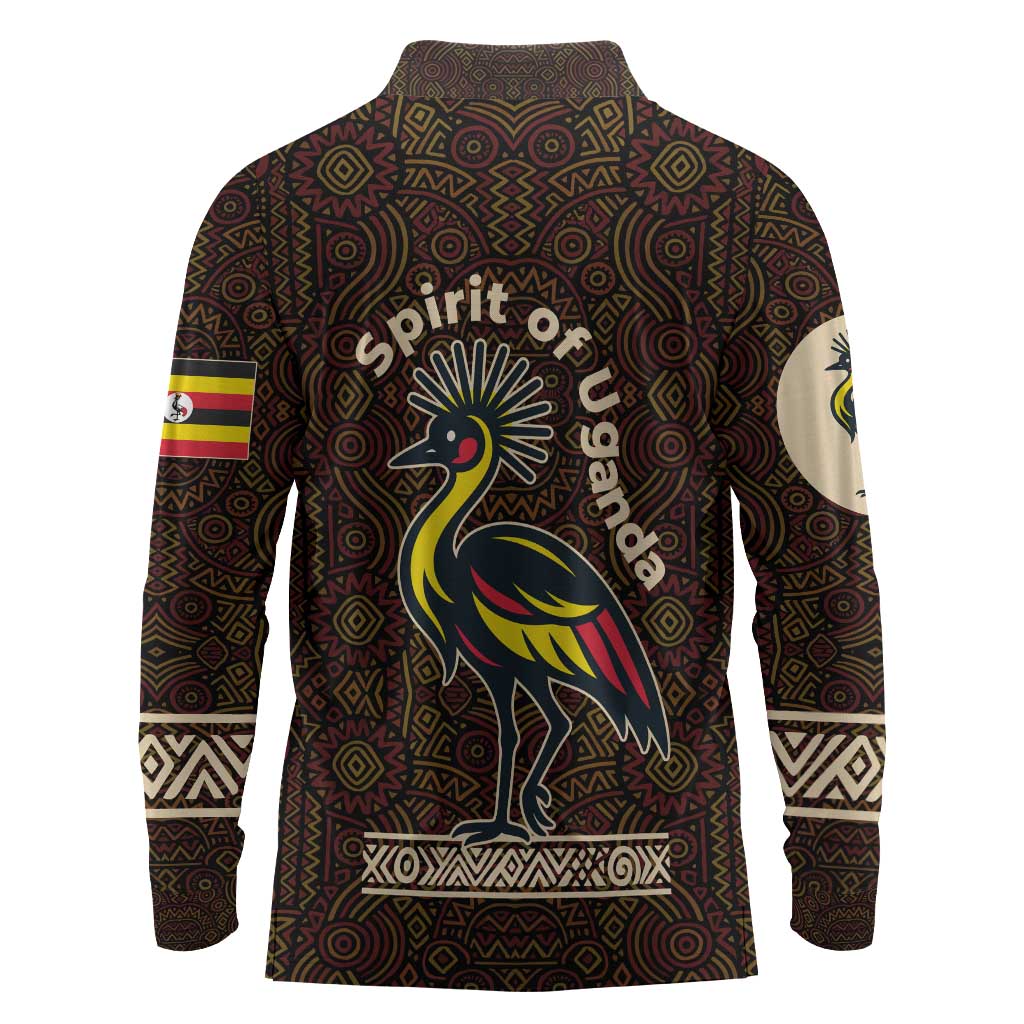 Uganda Long Sleeve Polo Shirt - Grey Crowned Crane and Tribal Pattern Spirit of Uganda Theme