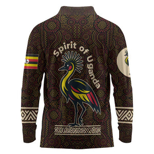Uganda Long Sleeve Polo Shirt - Grey Crowned Crane and Tribal Pattern Spirit of Uganda Theme