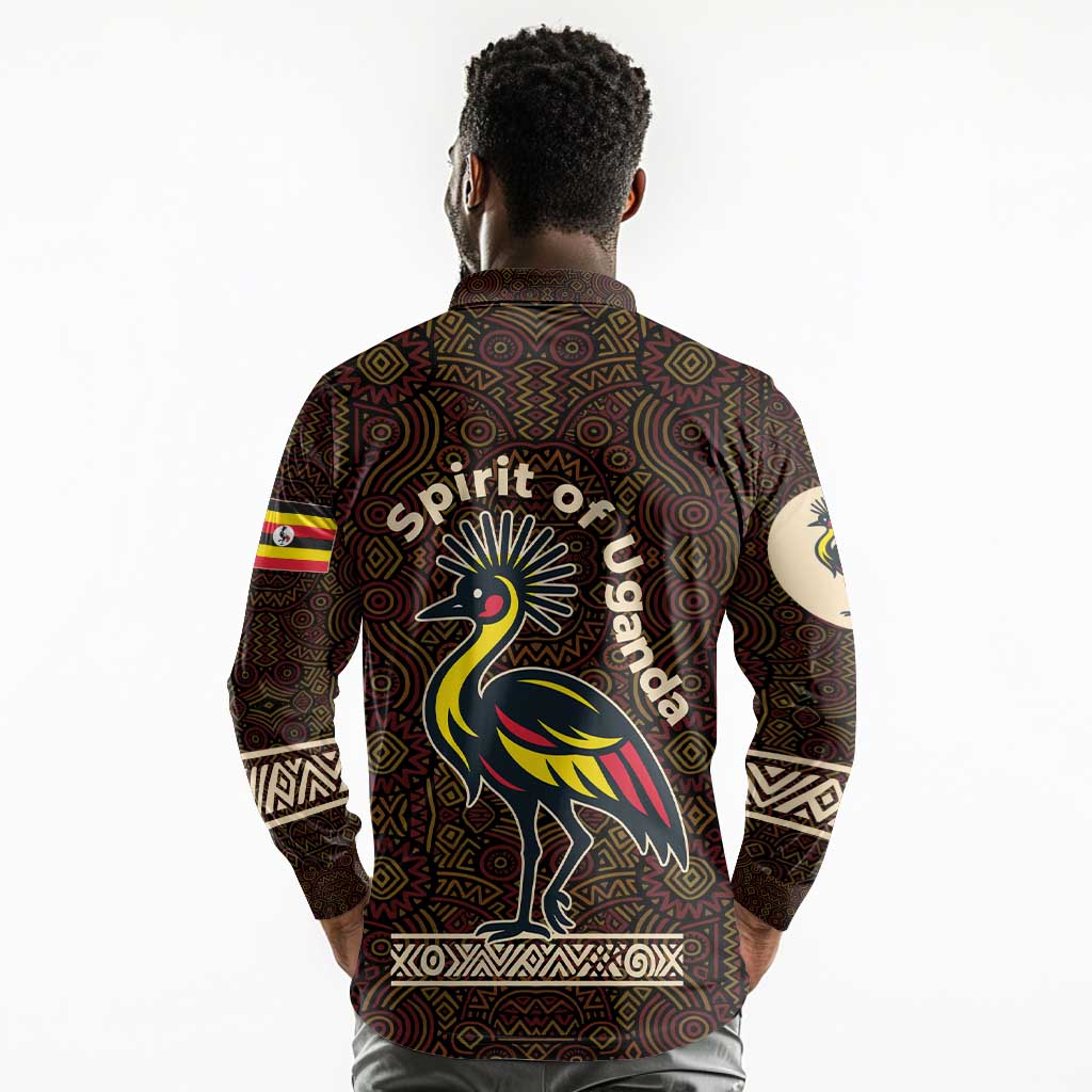 Uganda Long Sleeve Polo Shirt - Grey Crowned Crane and Tribal Pattern Spirit of Uganda Theme