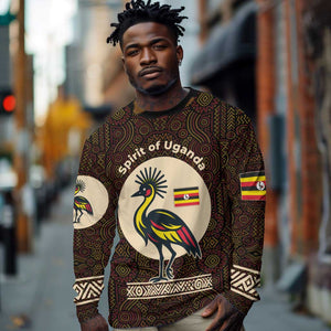 Uganda Long Sleeve Shirt - Grey Crowned Crane and Tribal Pattern Spirit of Uganda Theme