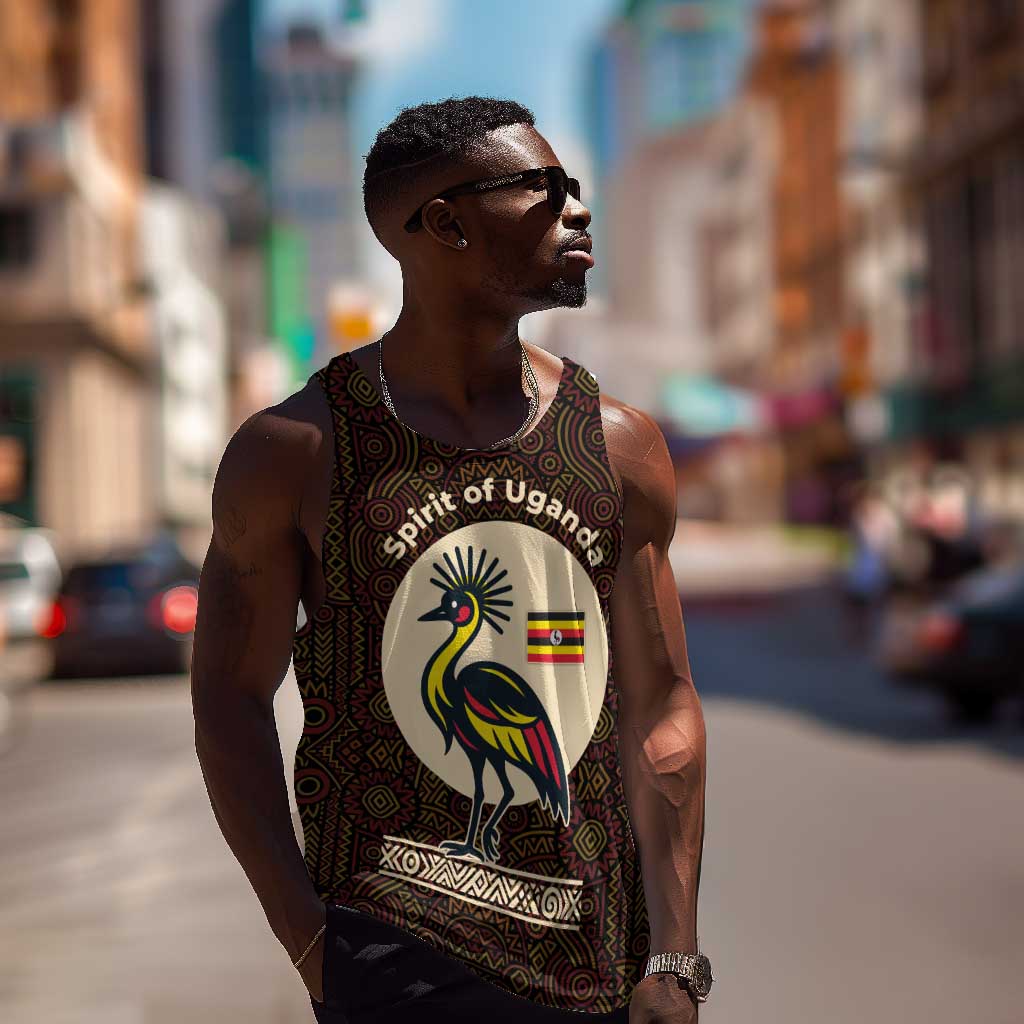 Uganda Men Tank Top - Grey Crowned Crane and Tribal Pattern Spirit of Uganda Theme